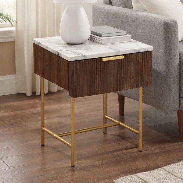 Kinder Marble Top Side Table With 1 Drawer In Dark Walnut And Gold