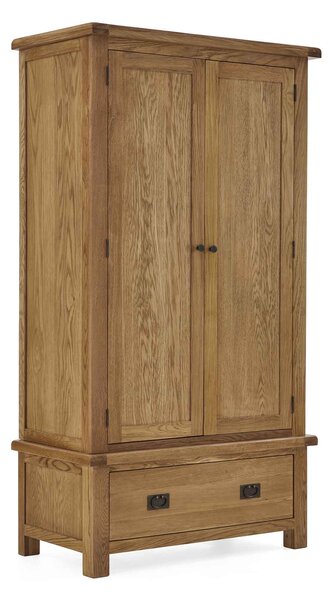 Zelah Oak Double Wardrobe With Drawers, Solid Wood | Rustic Waxed