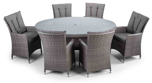 Cadiz Round Grey Rattan Dining Table and Chairs with Glass Top, 6 Seater Al Fresco Outdoor Patio Garden Furniture Set | Roseland Furniture