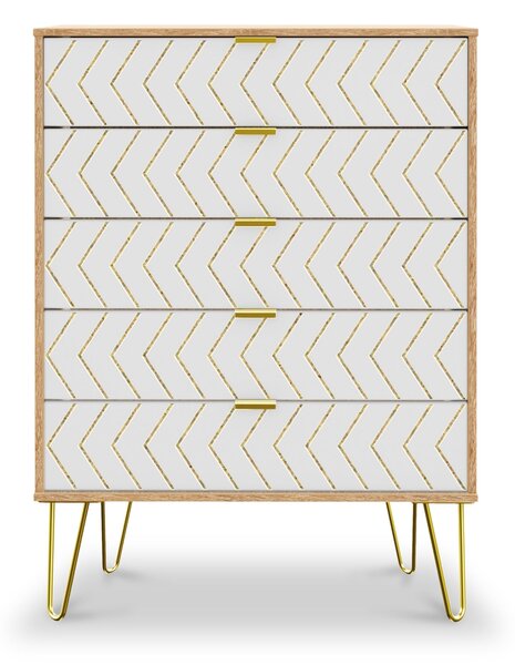 Mila White with Gold Hairpin Legs 5 Drawer Chest | Roseland