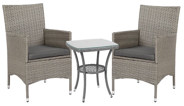 Outsunny Three-Piece Rattan Bistro Set,with Cushions, Garden Furniture,Wicker Weave Conservatory Companion, Chair Table Set - Grey