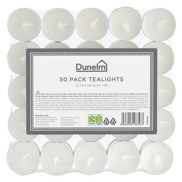Pack of 50 Unscented 8hr Burn Time Tealights White