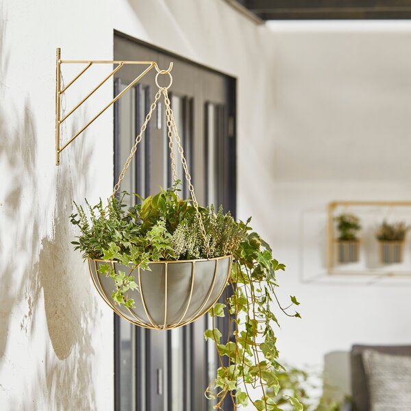 Grey Wire Hanging Basket with Gold Bracket MultiColoured