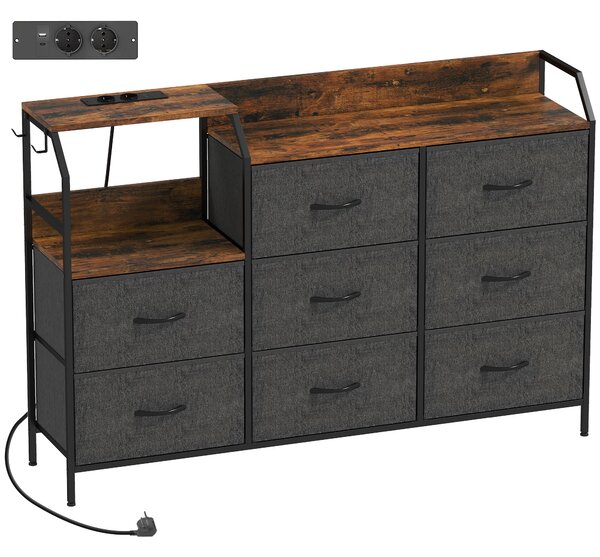 HOMCOM Chest of Eight Drawers, with Charging Station - Brown/Black