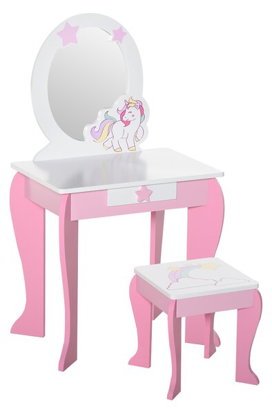HOMCOM Kids Dressing Table, Girls Dressing Table w/ Mirror & Stool, Unicorn Play Toy for Age 3-6 Years, Acrylic Mirror, Pink & White Aosom UK