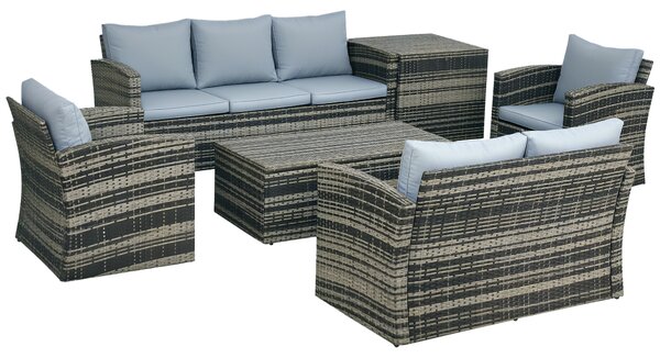 Outsunny 6 Pieces Rattan Garden Furniture Set, 7 Seater Wicker Outdoor Furniture Set with Storage Tea Table & Side Table, Grey