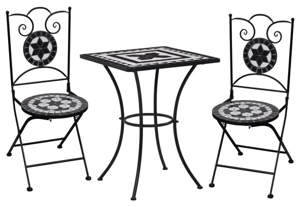 3 Piece Mosaic Bistro Set Ceramic Tile Black and White