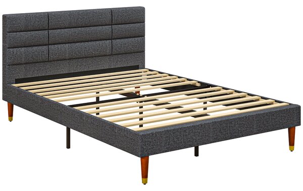 HOMCOM 4ft5 Upholstered Double Platform Bed Frame with Underbed Storage Tufted Headboard Wood Slat No Box Spring Needed