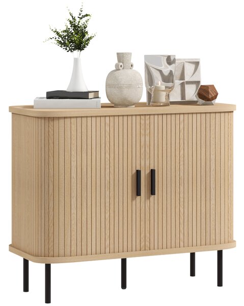 HOMCOM Mid-Century Modern Sideboard Storage Cabinet with Slatted Tambour Sliding Doors, Kitchen Cabinet with Steel Legs, Oak Tone Aosom UK