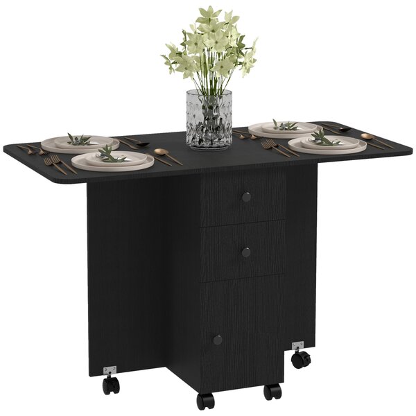 HOMCOM Multi-Storage Six-Person Drop Leaf Dining Table - Distressed Black Aosom UK