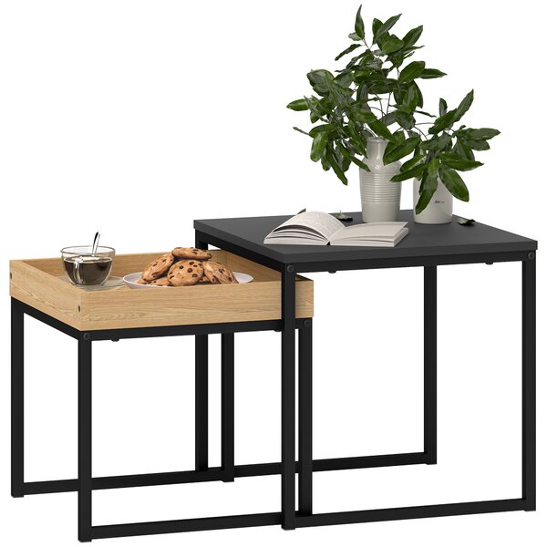 HOMCOM Set of Two Boxy Nesting Tables - Black/Wood-Effect Aosom UK