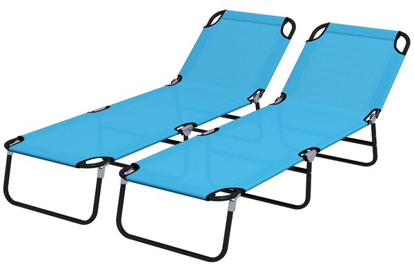 Outsunny Foldable Sun Lounger Set of 2 with 5-Position Adjustable Backrest, Outdoor Portable Recliner Chaise Lounge Chair with Breathable Mesh Fabric, Sky Blue