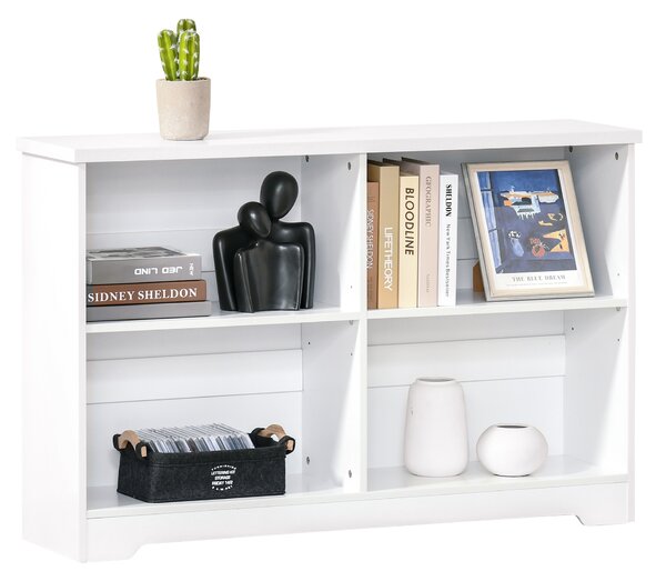 HOMCOM Simple Modern 4-Compartment Low Bookcase 2-Tier w/ Moving Shelves Cube Display Storage Unit Home Office Living Room Furniture White Aosom UK