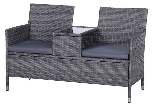 Outsunny Garden Rattan 2 Seater Companion Seat Wicker Love Seat Weave Partner Bench with Cushions Patio Outdoor Furniture - Grey Aosom UK