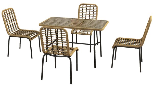 Outsunny 5 Pcs Rattan Outdoor Dining Set Patio Conservatory w/ Tempered Glass Tabletop Hollowed-out Design - Natural Wood Finish