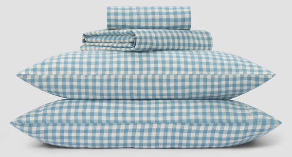 Warm Blue Gingham Linen Blend Sheet Set | Single | Piglet in Bed