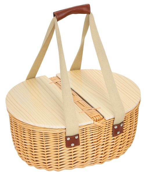 Outsunny Wicker Picnic Basket for 2 with Pine Wood Lid, Picnic Hamper with Cooler Compartment, Cutlery Service Kits, Carry Handle for Camping, Outdoor, Valentine Day, Chirtmas, Birthday, Light Brown