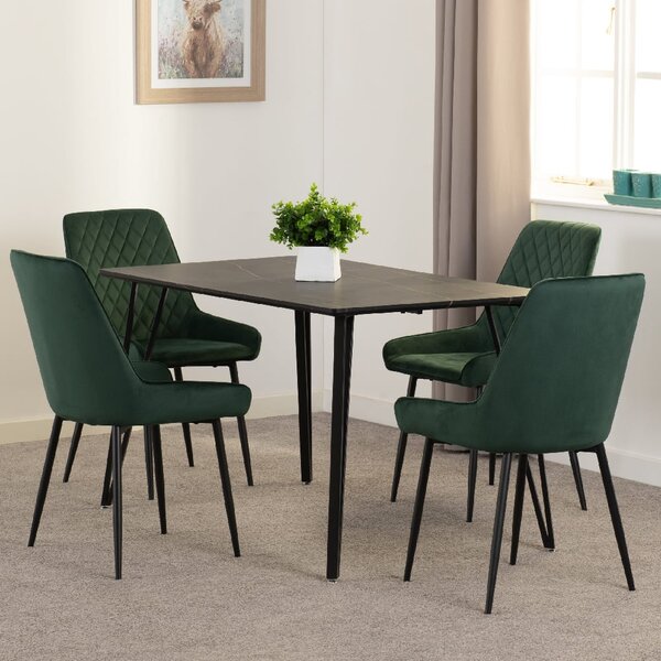 Mequon Black Marble Effect Dining Table With 4 Avah Green Chairs