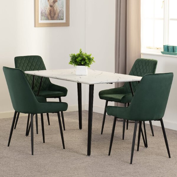 Mequon White Marble Effect Dining Table With 4 Avah Green Chairs