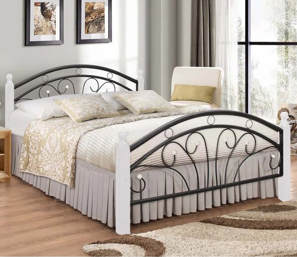 Natick Metal Small Double Bed With Wooden Pillar In White