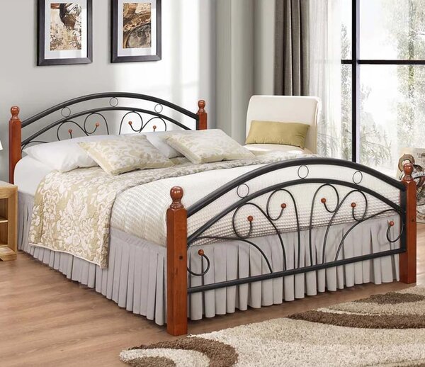 Natick Metal Small Double Bed With Wooden Pillar In Dirty Oak