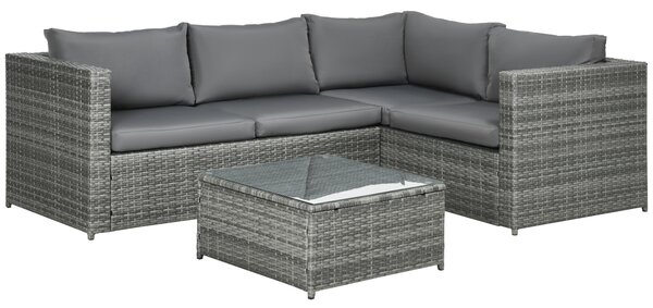 Outsunny 3 Pieces Rattan Garden Furniture 4 Seater Outdoor Patio Corner Sofa Chair Set with Coffee Table Thick Cushions Grey