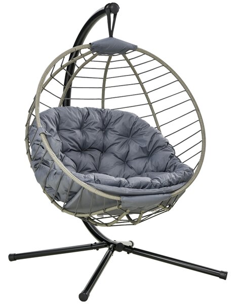 Outsunny Rattan Swing Chair, Outdoor Hanging Chair with Stand, Padded Cushion, Foldable, Cup Holder, Grey