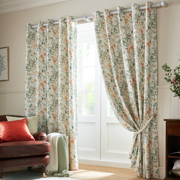 Laura Ashley Old Castle Leaves Ready Made Eyelet Curtains Fern Green