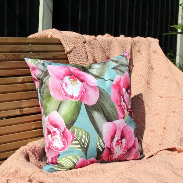 Orchids Outdoor Filled Cushion 43cm x 43cm Duck Egg