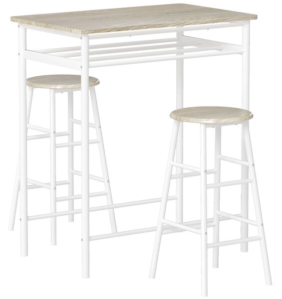 HOMCOM Bar Table and Stools w/ Metal Frame Footrest, Storage Shelf, Bar Table Set for Kitchen, Dining Room, Cafe, White & Oak Aosom UK