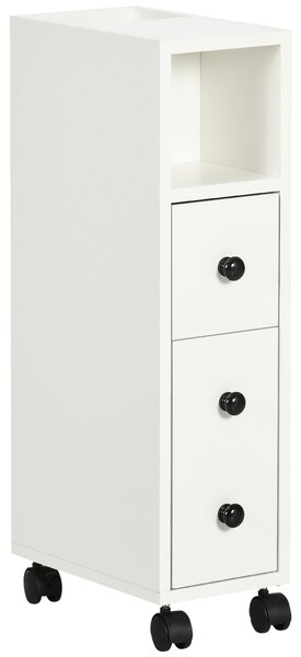 Kleankin Slimline Bathroom Storage Unit w/ 2 Drawers 2 Open Compartments Wheels Handles Freestanding Compact Home Office Furniture White Aosom UK