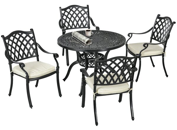 Outsunny Cast Aluminium 4 Seater Outdoor Dining Set with Cushions Parasol Hole Black Aosom UK