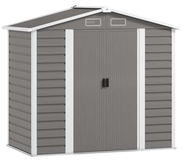 Outsunny 7 x 4ft Garden Shed, Easy to Assemble, Upgraded Galvanised Steel Frame with Foundation Kit, Double Doors with Lock, Outdoor Metal Shed with Vents and Gloves, Garden Storage Shed, Light Grey