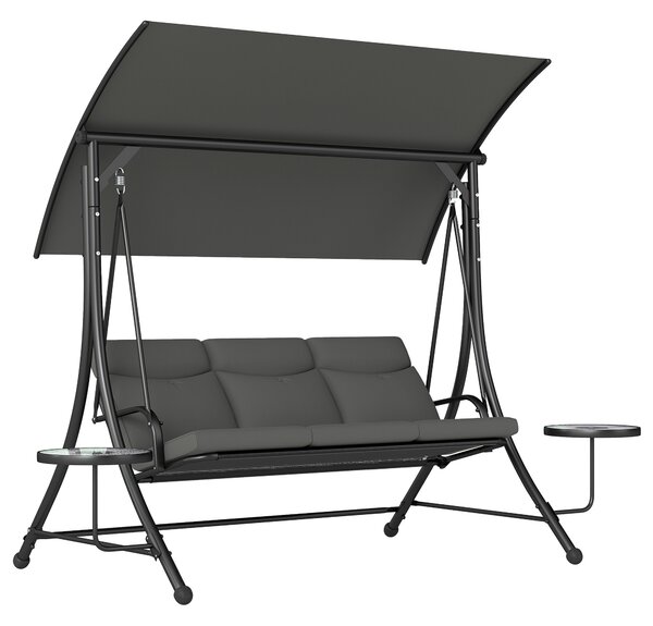 Outsunny 3 Seater Garden Swing Chair with Adjustable Canopy, Cushion and Coffee Tables for Outdoor Dark Grey