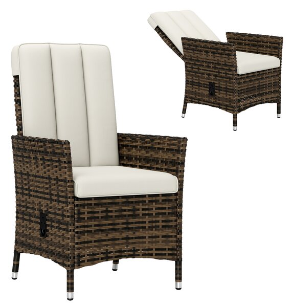 Outsunny Rattan Garden Recliner Chair, Wicker Reclining Armchair with Adjustable Backrest and Cushion, Outdoor Lounge Sun Lounger with Armrests for Patio Balcony Porch, Cream White