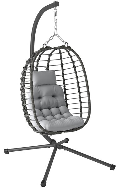 Outsunny Rattan Hanging Egg Chair, Foldable Wicker Hammock Swing Chair with Cushion, Stand, Adjustable Height, Head Pillow, Steel Frame for Garden Patio Indoor Outdoor, Light Grey
