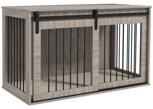 PawHut 46.46'' Dog Crate Furniture with Removable Cushion & Security Latch Reinforced Steel Dog Cage for Medium Dogs - Walnut Brown Aosom UK