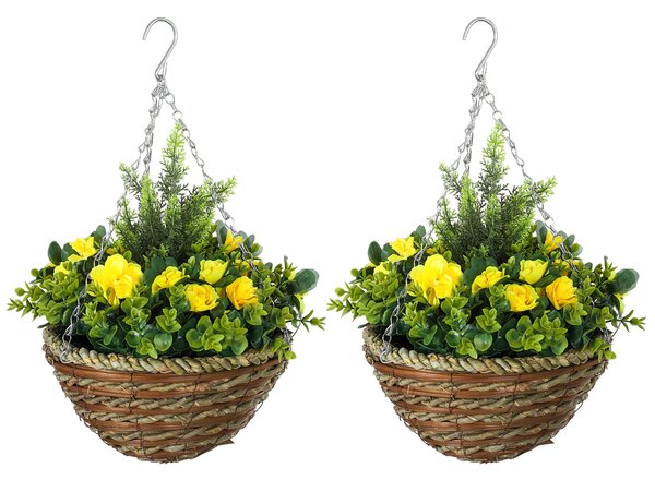 Outsunny Pack of 2 Faux Plant Artificial Lisianthus Flowers Hanging Planter with Basket for Indoor Outdoor Decoration, Yellow