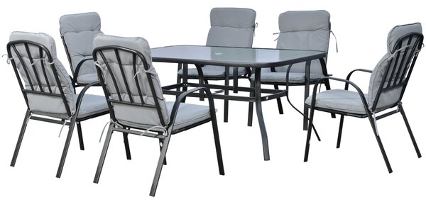Outsunny 7Pieces Garden Dining Set, Outdoor Dining Table and 6 Cushioned Armchairs, Tempered Glass Top Table w/ Umbrella Hole, Texteline Seats, Black
