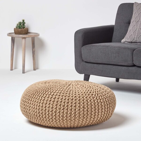 Linen Knitted Cotton Large Round Pouffe Footstool 70 x 23 cm