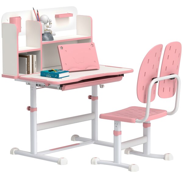 AIYAPLAY Height Adjustable Kids Desk and Chair Set, Children School Study Desk with Tiltable Desktop, Reading Rack, Pink Aosom UK