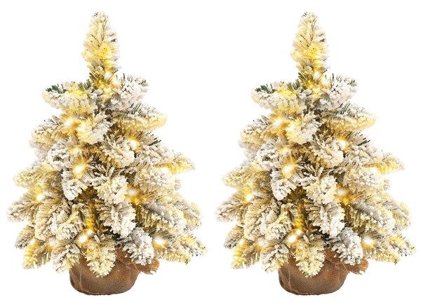 HOMCOM 1.5ft Mini Artificial Christmas Trees with Lights Set of 2, Snow Flocked Tabletop Christmas Trees with Base, Battery Operated Aosom UK