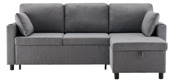L-Shaped Corner Sofa Bed with Storage, 3 Seater Pull-Out Convertible Settee with Cup Holders and Magazine Pockets, 212x141x87.5 cm, Grey Aosom UK