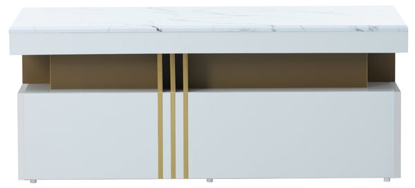 Modern Rectangular Coffee Table with Marble Veneer Top and 2 Wooden Drawers, Table in Trendy Design for Living Room, 100x50x40 cm, White Aosom UK