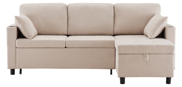 Linen Look L-Shaped Corner Sofa Bed with Storage, 3 Seater Convertible Settee with Cup Holders and Magazine Pockets, 212x141x87.5 cm, Beige Aosom UK