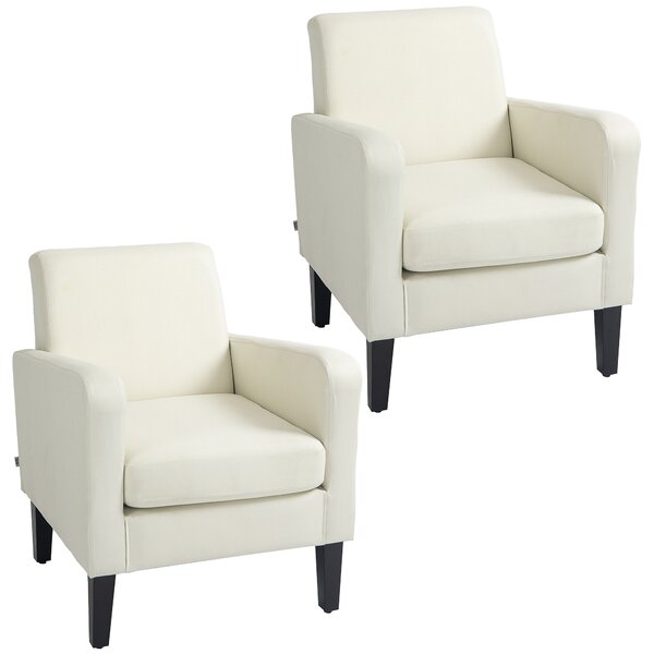 HOMCOM 2 Pieces Modern Armchairs with Rubber Wood Legs, Upholstered Accent Chairs, Single Sofa for Living Room, Bedroom, Cream White