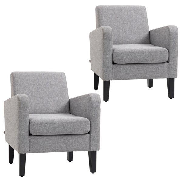 HOMCOM 2 Pieces Modern Armchairs with Rubber Wood Legs, Upholstered Accent Chairs, Single Sofa for Living Room, Bedroom, Light Grey