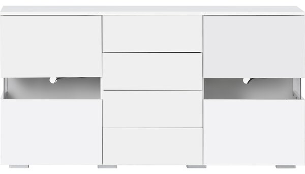 High Gloss Modern Sideboard Cabinet with LED Lights, 2 Doors and 4 Storage Drawers, Chest of Drawers for Living Room, 140x35x72 cm, White Aosom.UK