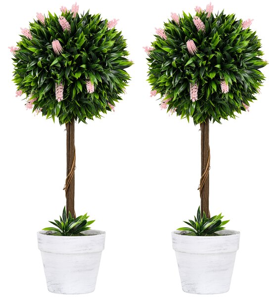 HOMCOM Set of 2 Decorative Artificial Plants Ball Trees with Flower for Home Indoor Outdoor Decor, 60cm ,Pink