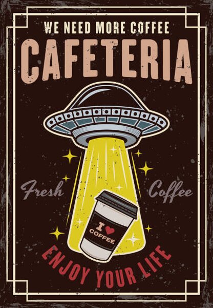 Art Poster Ufo stealing coffee paper cup vintage, Igor Zhuravel, (26.7 x 40 cm)